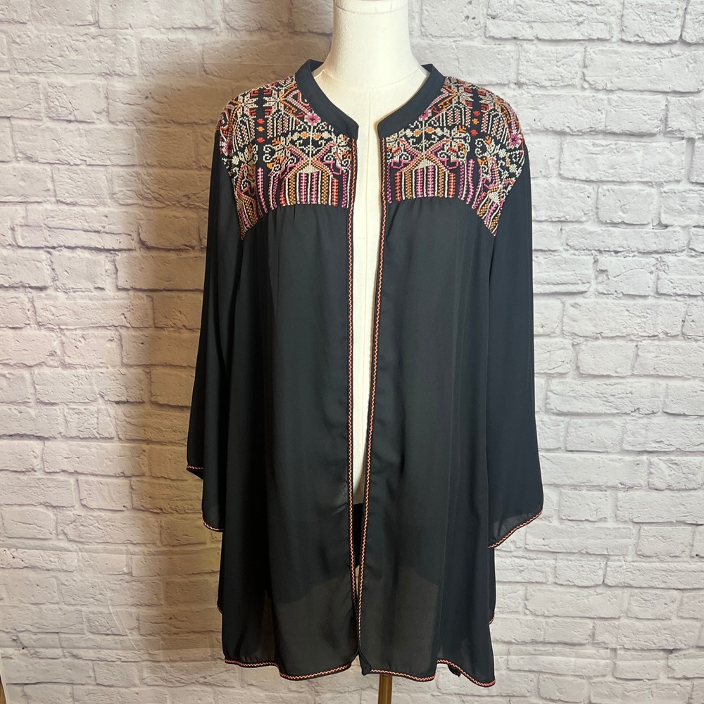 Catherines Women's Plus 3X Black Embroidered Kimono 100% PolyesterBoho Artcore